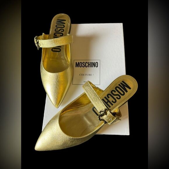 NWT Moschino Flat Slingback Pointed Ballet Mules in Gold Leather Size 39 - Picture 2 of 10